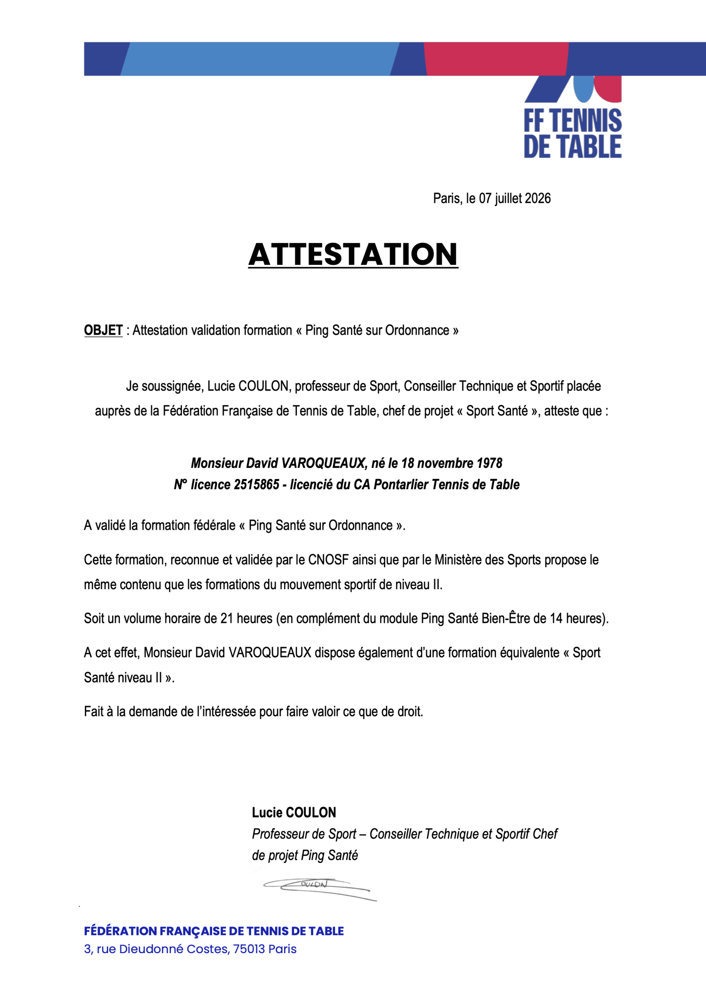 Attestation David Ping Santé