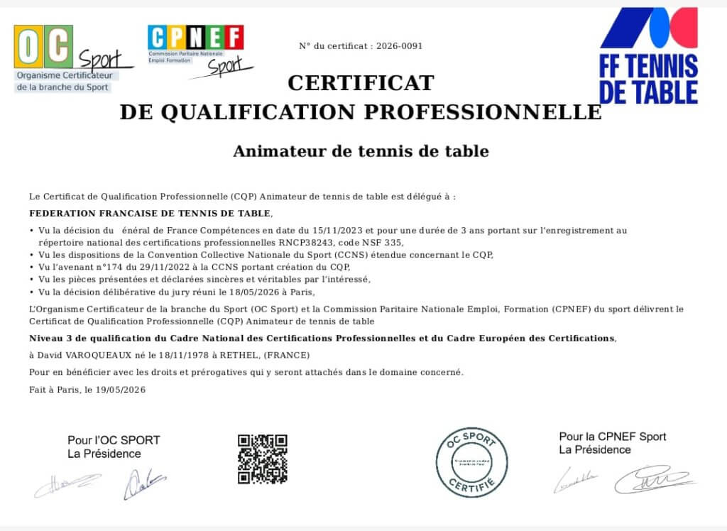 CQP David spécialité tennis de table